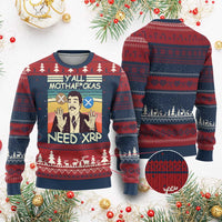 Knitted crewneck sweatshirt with festive crypto meme graphic, burgundy and navy