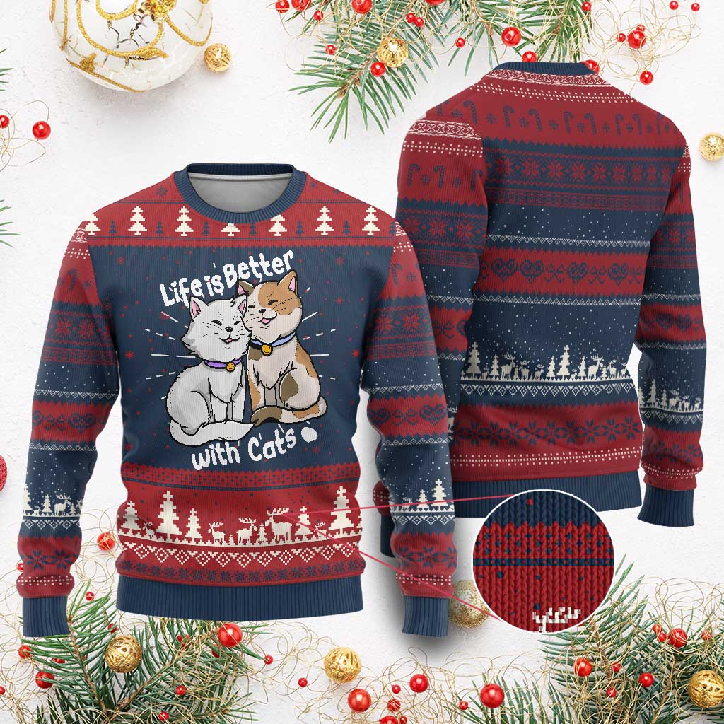 Cat Lover Knitted Sweatshirt Life Is Better With Cats Cute