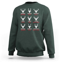 Dark forest green crewneck sweatshirt with deer antler graphic and reindeer name text print