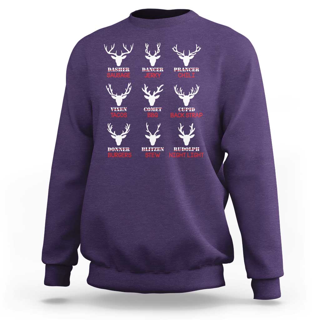 Purple crewneck sweatshirt with deer antler graphic and reindeer name text print