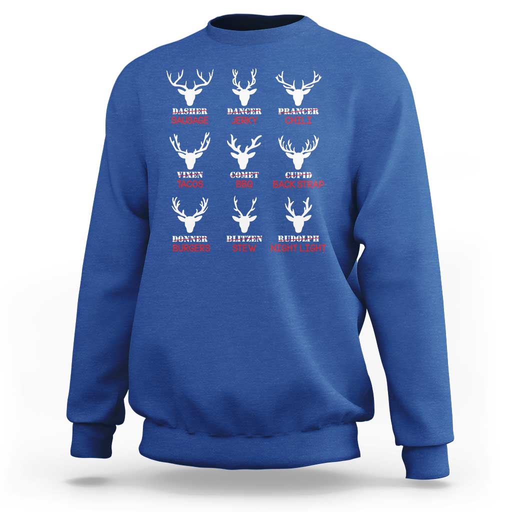 Royal blue crewneck sweatshirt with deer antler graphic and reindeer name text print