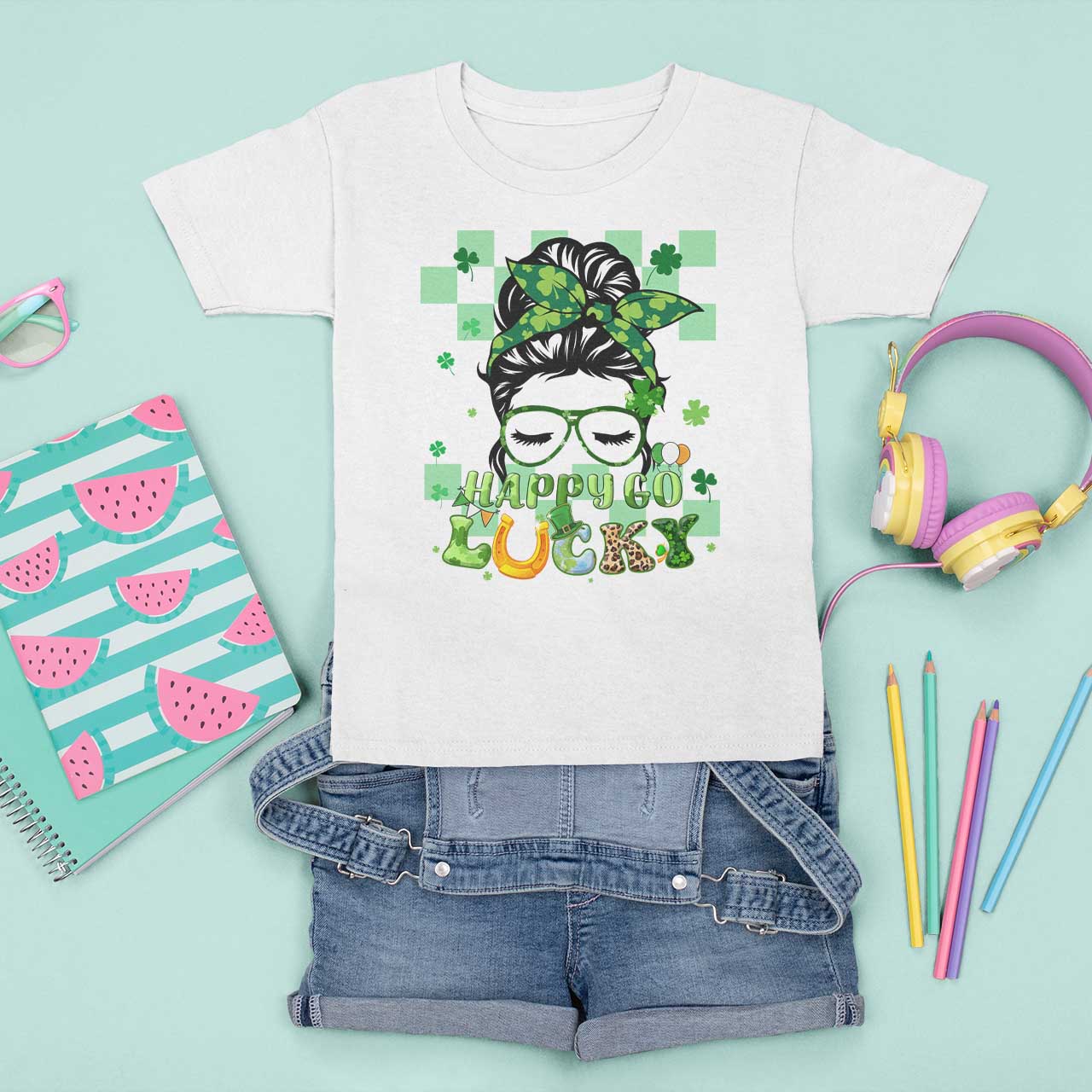 Funny St Patricks Day Women T Shirt For Kid Happy Go Lucky Messy Bun with Shamrocks - Wonder Print Shop