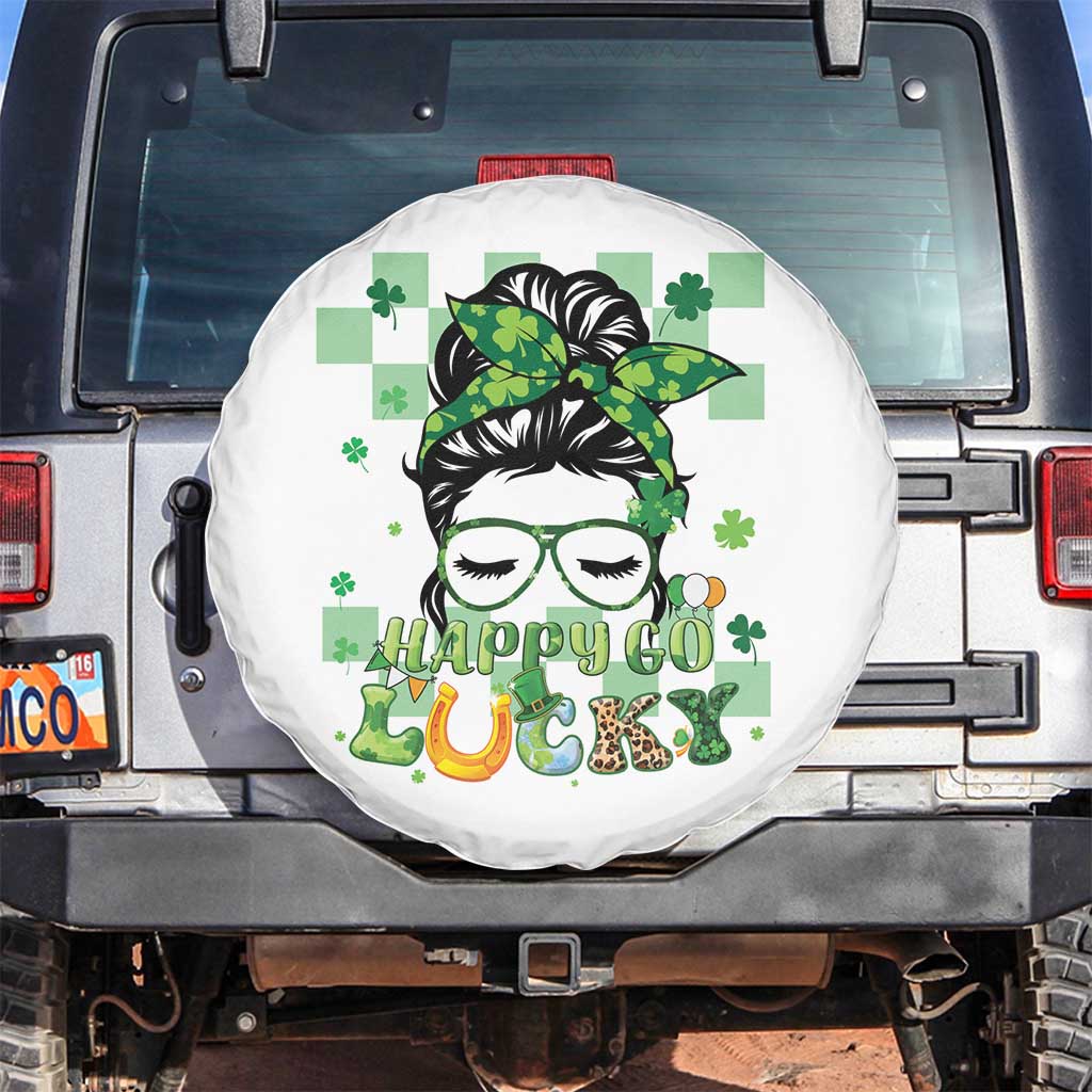 Funny St Patricks Day Women Spare Tire Cover Happy Go Lucky Messy Bun with Shamrocks