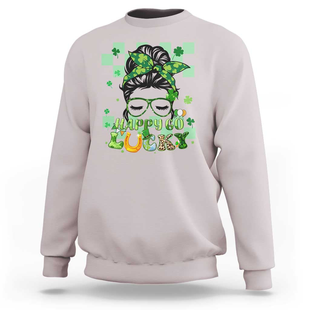 Ice gray crewneck sweatshirt with green shamrock hair girl graphic and “Happy Go Luck” text.
