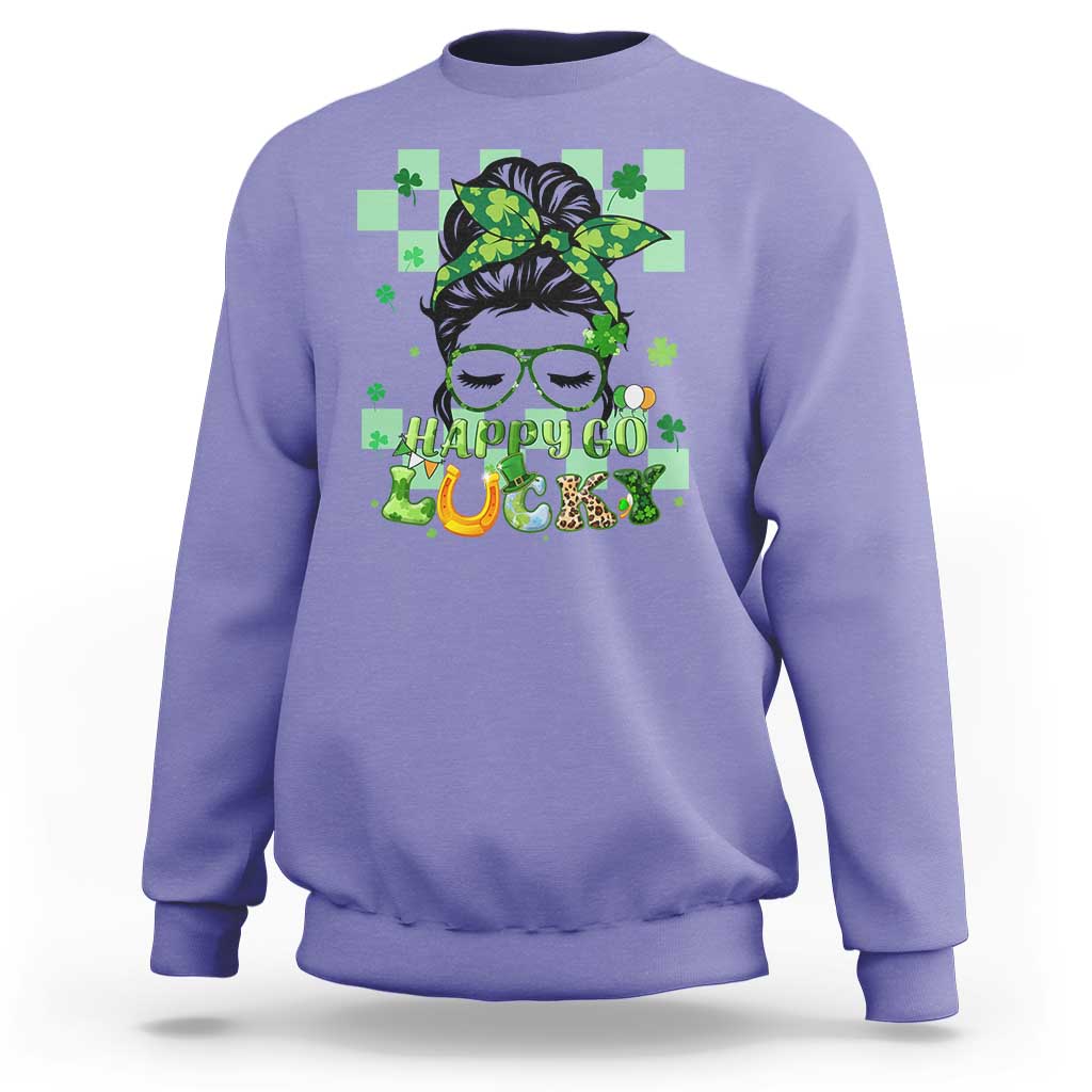 Violet crewneck sweatshirt with green shamrock hair girl graphic and “Happy Go Luck” text.
