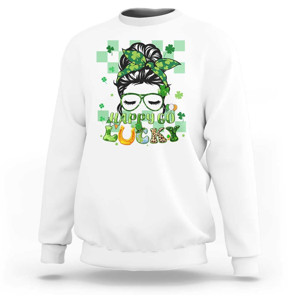 Retro Happy Go Lucky Messy Bun Shamrocks St. Patrick's Day Sweatshirt - Wonder Print Shop