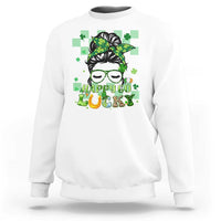 White crewneck sweatshirt with green shamrock-haired girl graphic and “Happy Go Luck” text.
