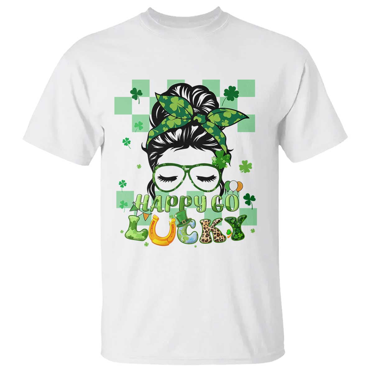 Retro Happy Go Lucky Messy Bun Shamrocks St. Patrick's Day T-Shirt - Wonder Print Shop