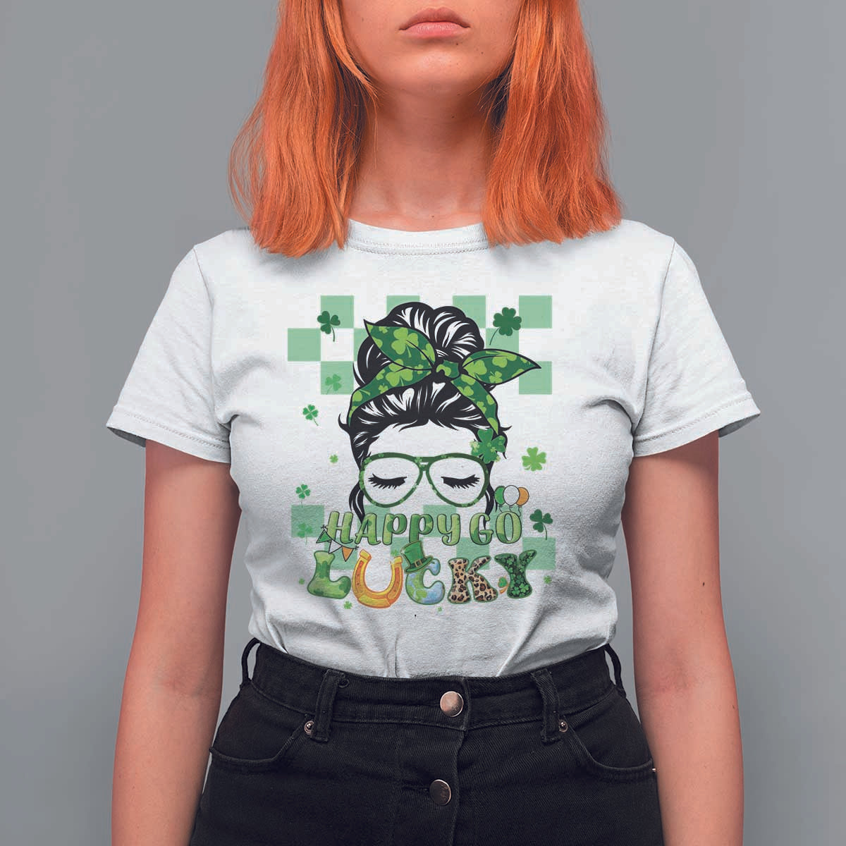 Funny St Patricks Day Women T Shirt For Women Happy Go Lucky Messy Bun with Shamrocks - Wonder Print Shop