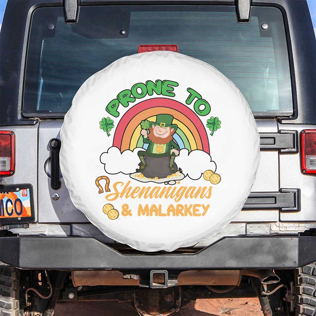 Funny St Patricks Day Spare Tire Cover Prone To Shenanigans and Malarkey Cute Leprechaun Rainbow