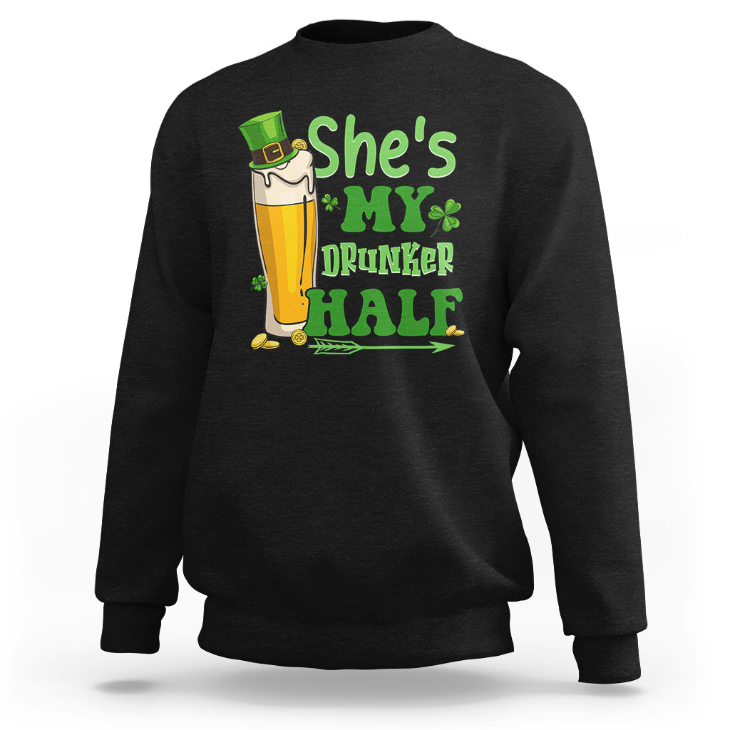 Women's black sweatshirt with “She's My Drunker Half” beer and shamrocks graphic