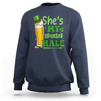 Women's navy sweatshirt with “She's My Drunker Half” beer and shamrocks graphic