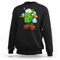 Black crewneck sweatshirt with cartoon green beer-glass character graphic on front
