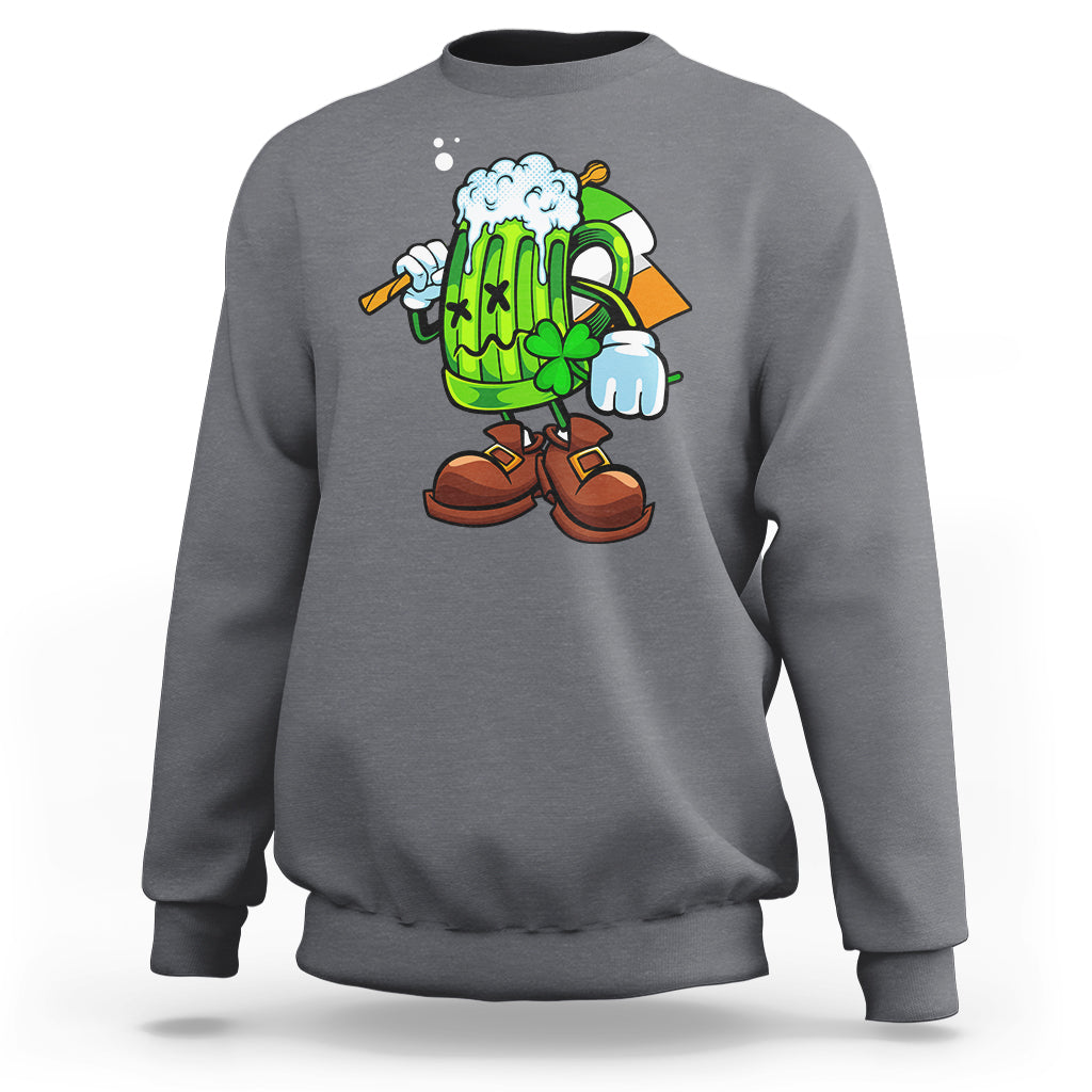 Charcoal crewneck sweatshirt with cartoon green beer-glass character graphic on front