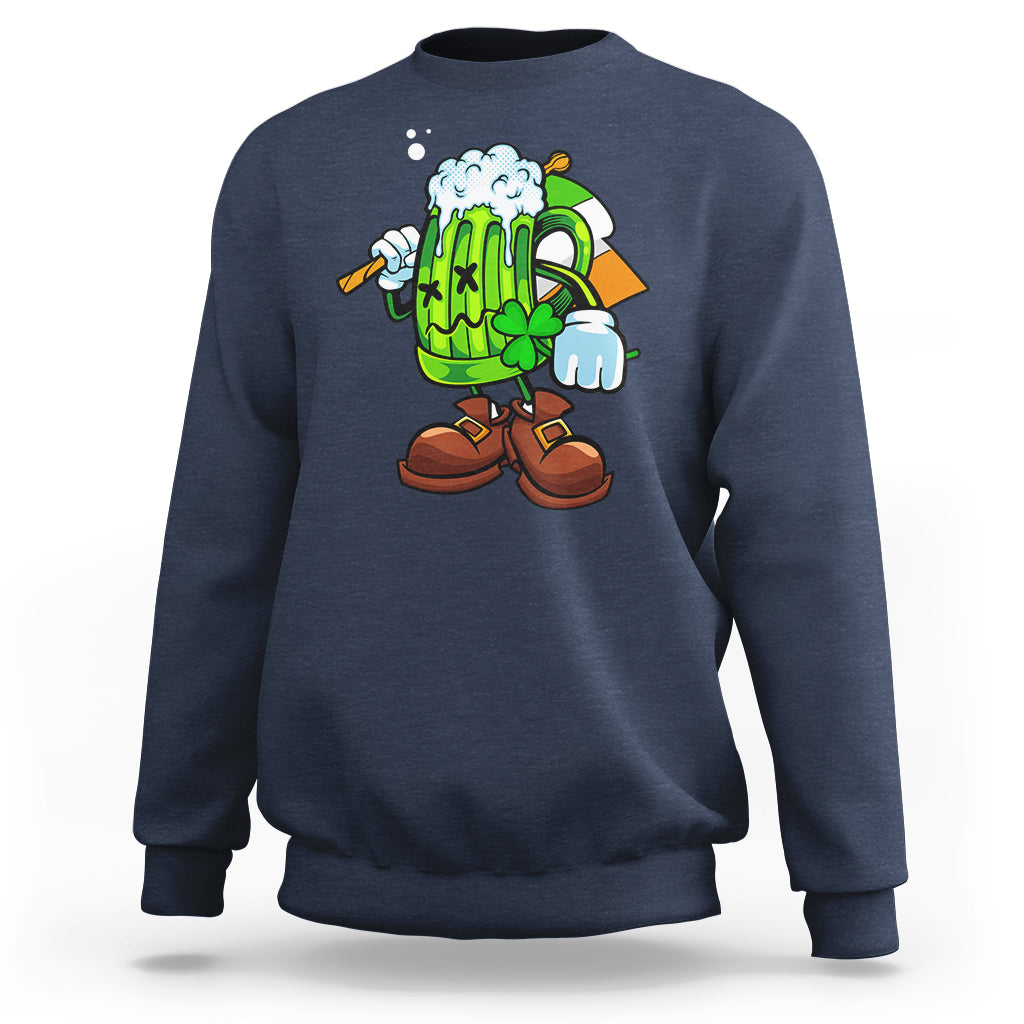 Navy crewneck sweatshirt with cartoon green beer-glass character graphic on front