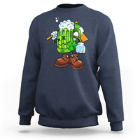 Navy crewneck sweatshirt with cartoon green beer-glass character graphic on front