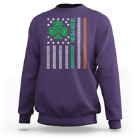 Purple crewneck sweatshirt with Irish knot graphic and vertical text on back