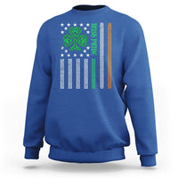 Royal blue crewneck sweatshirt with Irish knot graphic and vertical text on back