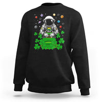 Black crewneck sweatshirt with astronaut leprechaun space-themed graphic on front