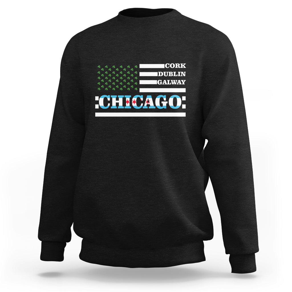Black crewneck sweatshirt with “CHICAGO” graphic and Irish-city text above