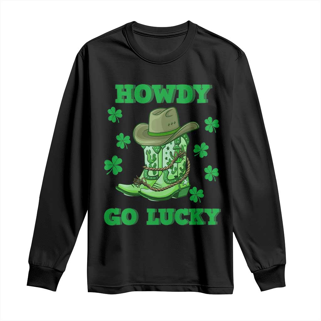Men's long-sleeve cowboy T-shirt, black with green “Howdy Go Lucky” graphic