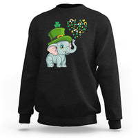 Black crewneck sweatshirt with cute elephant St. Patrick’s graphic and clover accents