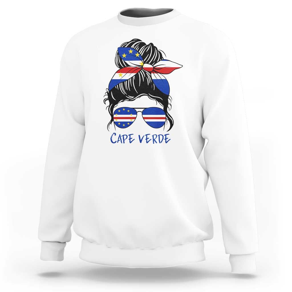 Cape Verde Messy Bun Girl Flag Sunglasses Graphic Sweatshirt Cabo Verde Women National Pride Gift