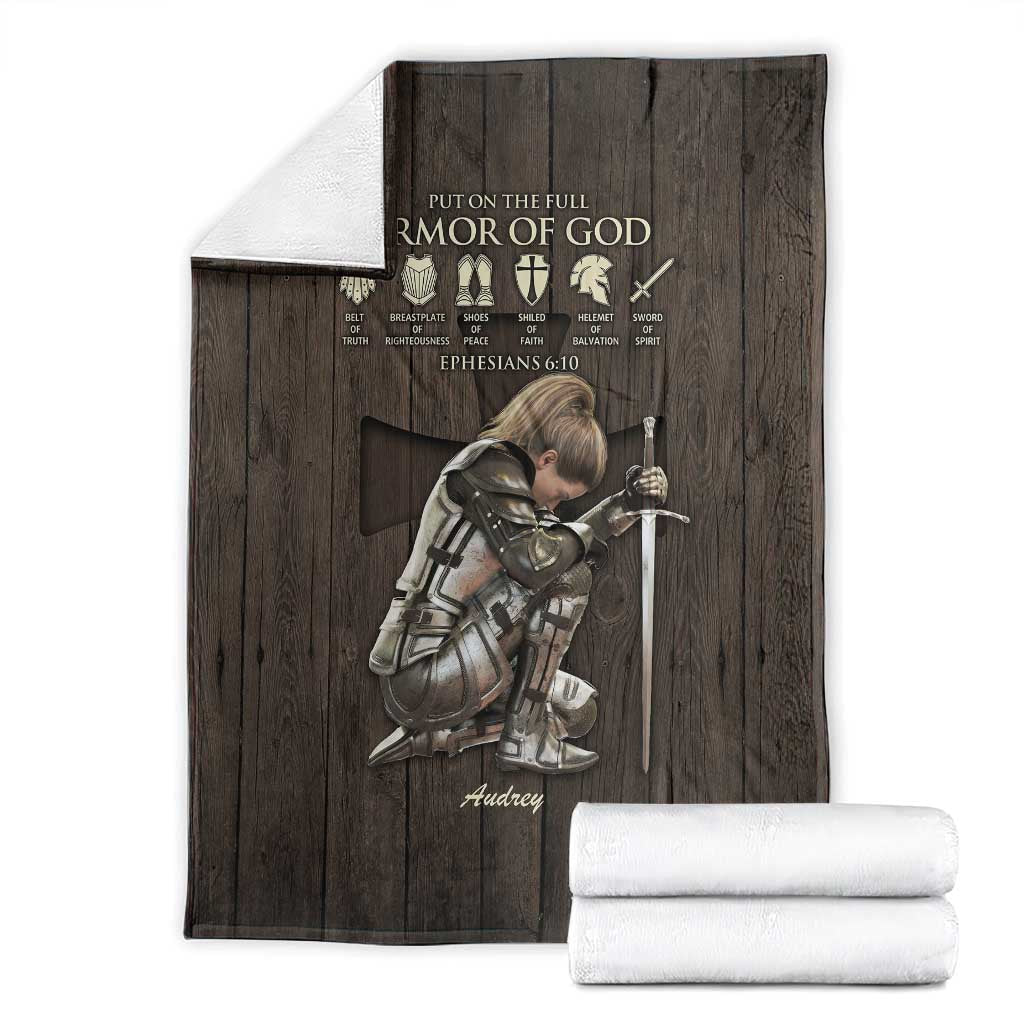 Personalized Armor of God Christian Wooden Style Throw Blanket Ephesians 6:10 Scripture Faith Gift for Women