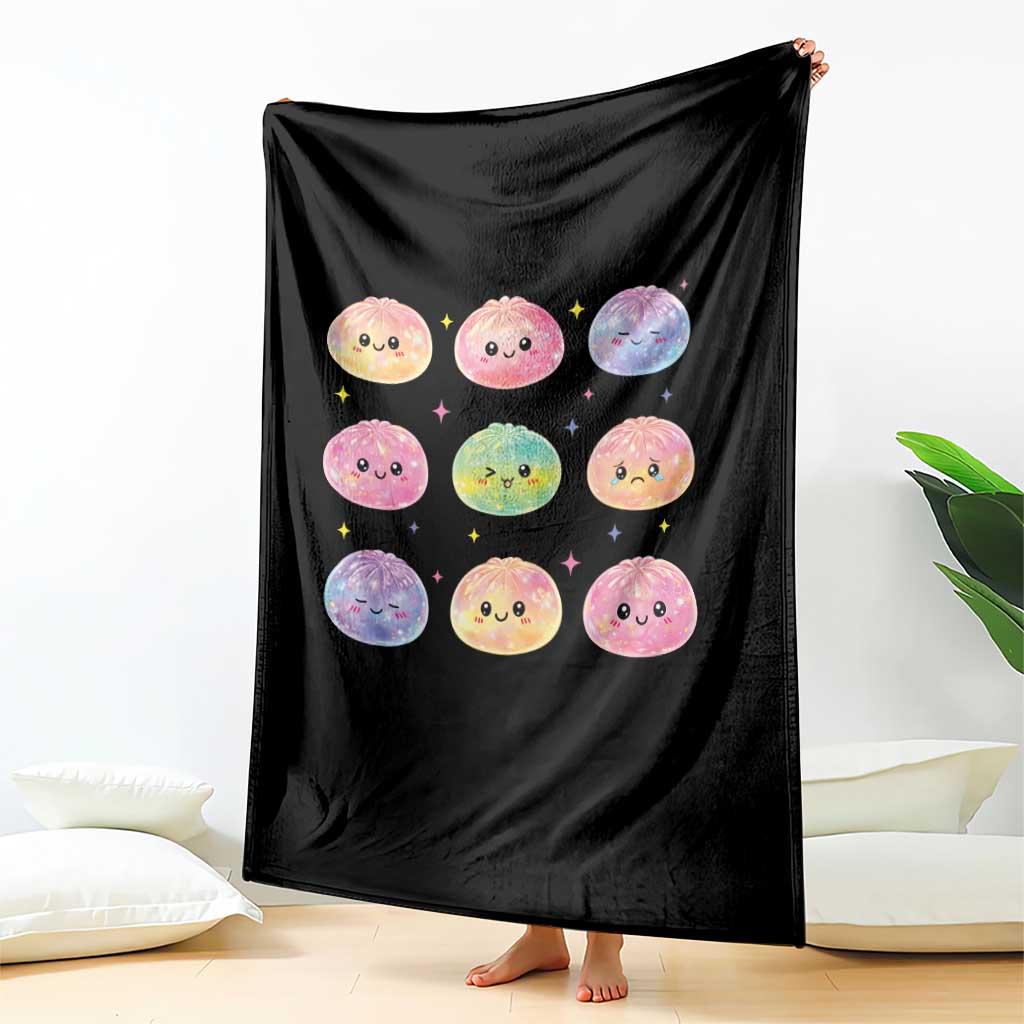Kawaii Glitter Dumpling Face Grid Graphic Throw Blanket Cute Pastel Bao Emoji Expressions