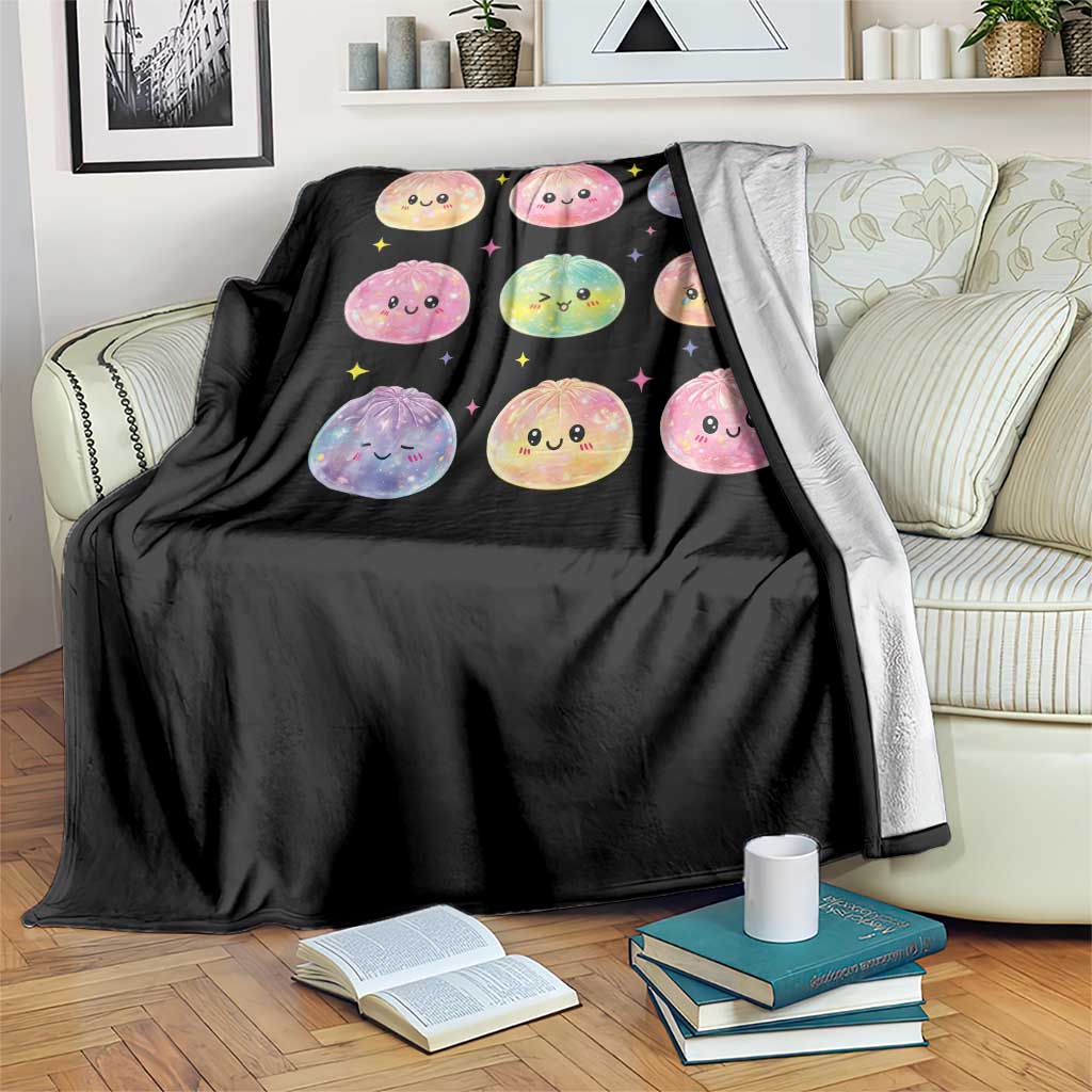 Kawaii Glitter Dumpling Face Grid Graphic Throw Blanket Cute Pastel Bao Emoji Expressions