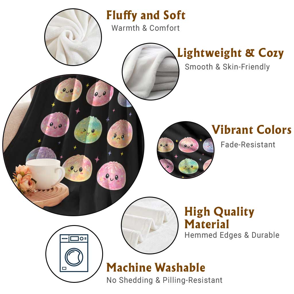 Kawaii Glitter Dumpling Face Grid Graphic Throw Blanket Cute Pastel Bao Emoji Expressions