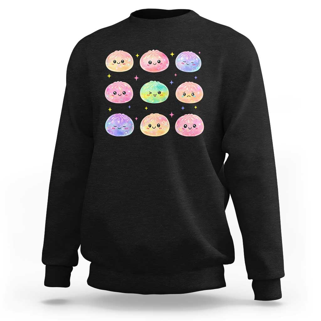 Kawaii Glitter Dumpling Face Grid Graphic Sweatshirt Cute Pastel Bao Emoji Expressions