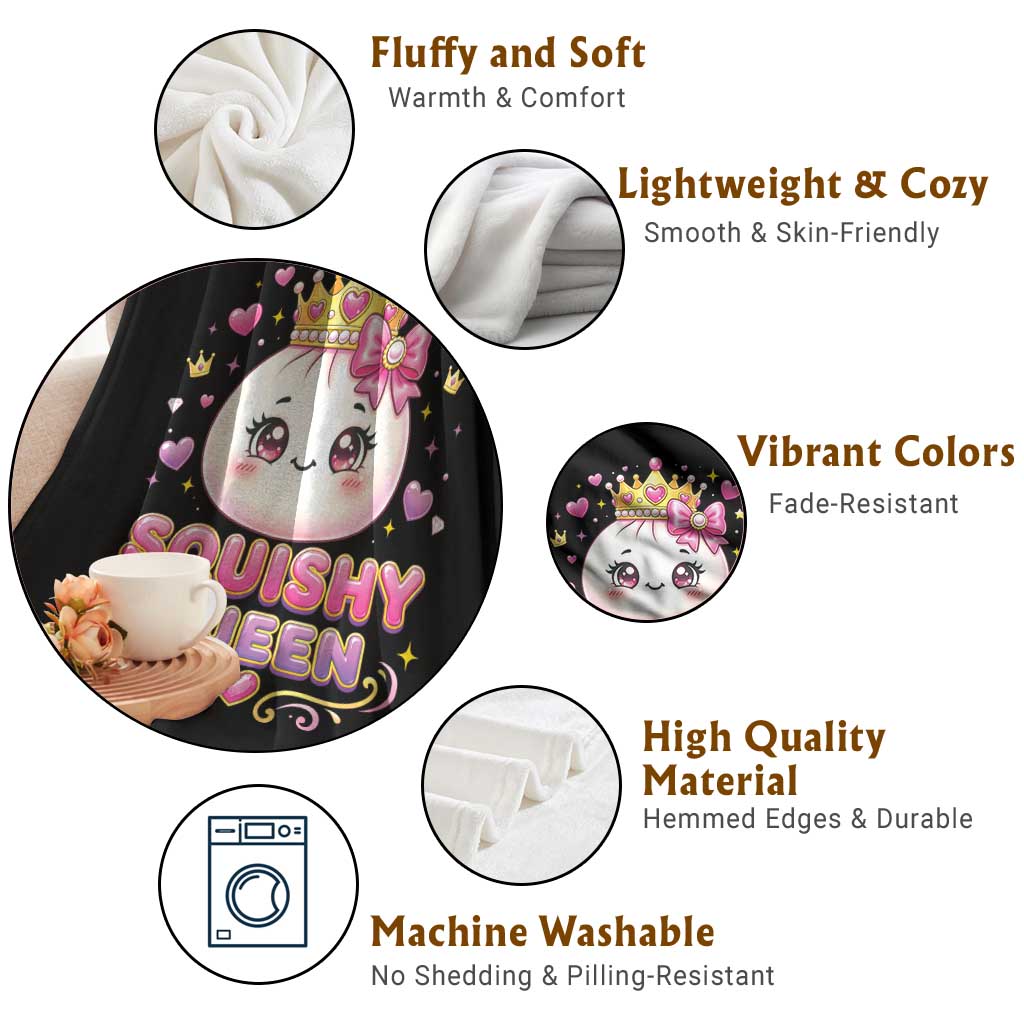 Squishy Queen Kawaii Glitter Dumpling Graphic Throw Blanket Cute Tiara Crown and Pink Bow