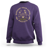 Purple crewneck sweatshirt with back coffee barista graphic