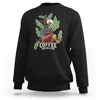 Black crewneck sweatshirt with skull barista graphic and “COFFEE DEALER” text