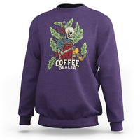 Purple crewneck sweatshirt with skull barista graphic and “COFFEE DEALER” text