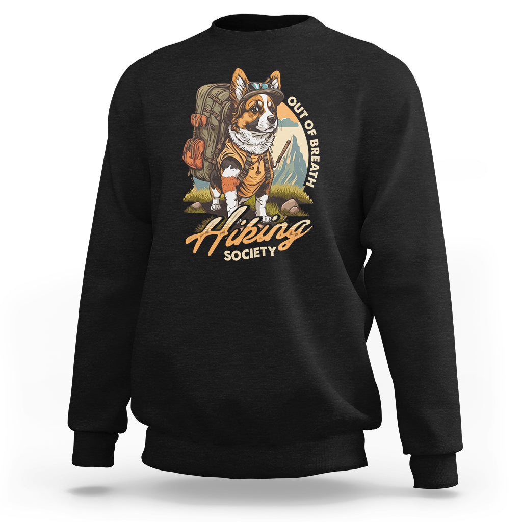 Black hiking sweatshirt with colorful dog graphic and ribbed cuffs and hem.