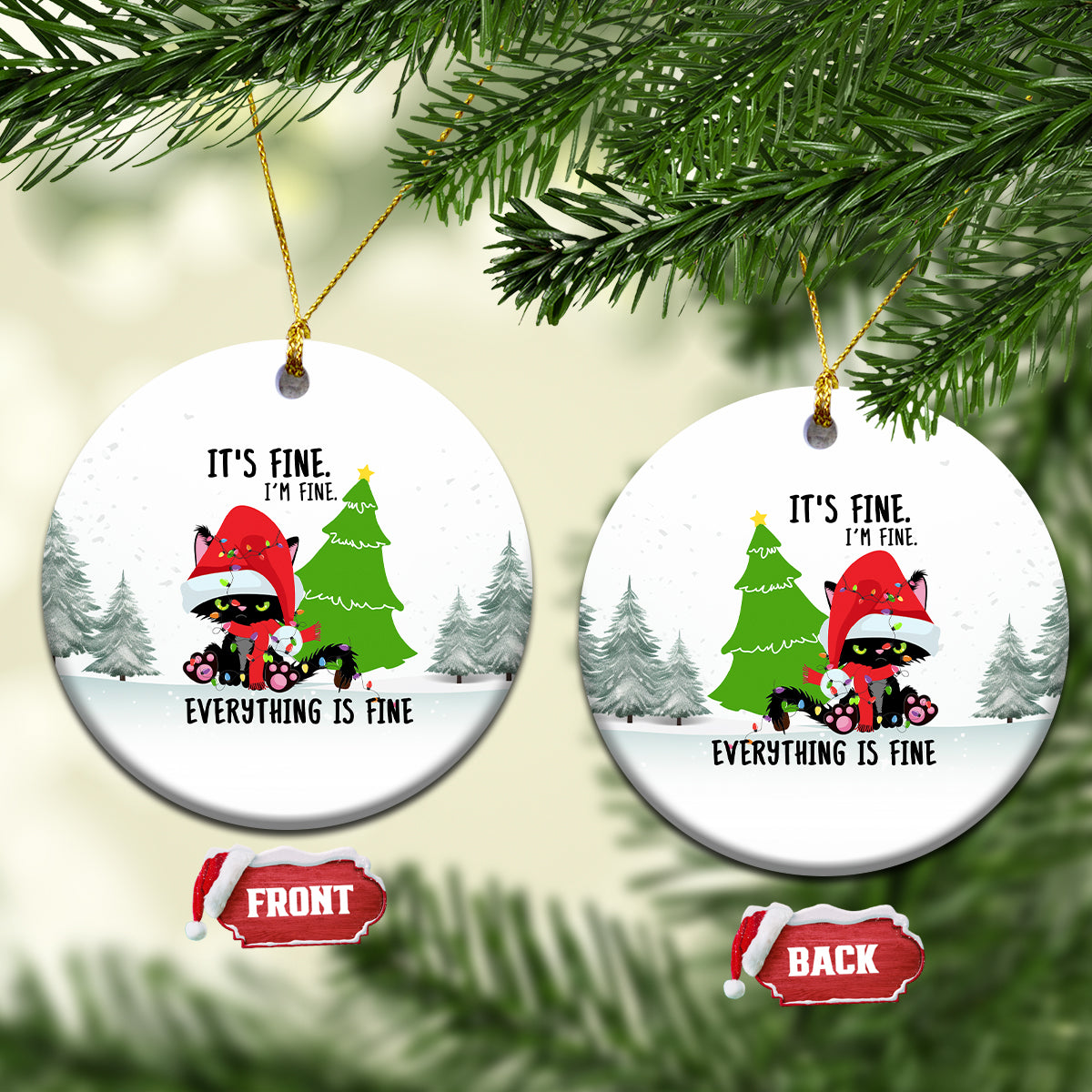 Round ceramic cat Christmas ornament with red hat and “Everything is fine” text