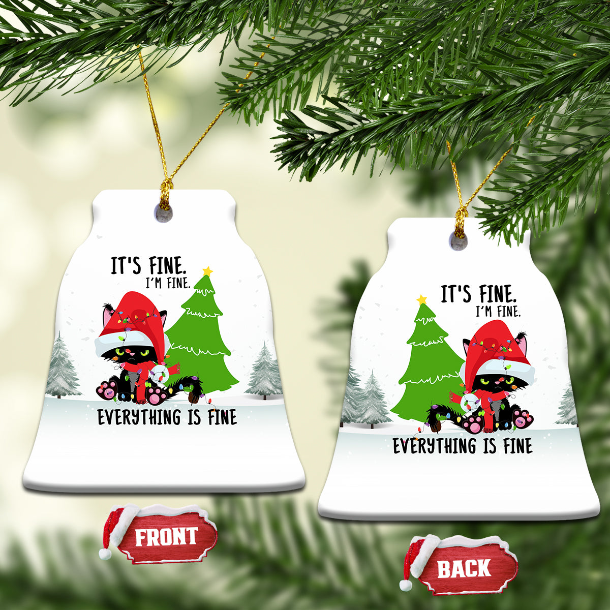 Bell-shaped ceramic cat Christmas ornament with pine trees and “Everything is fine”