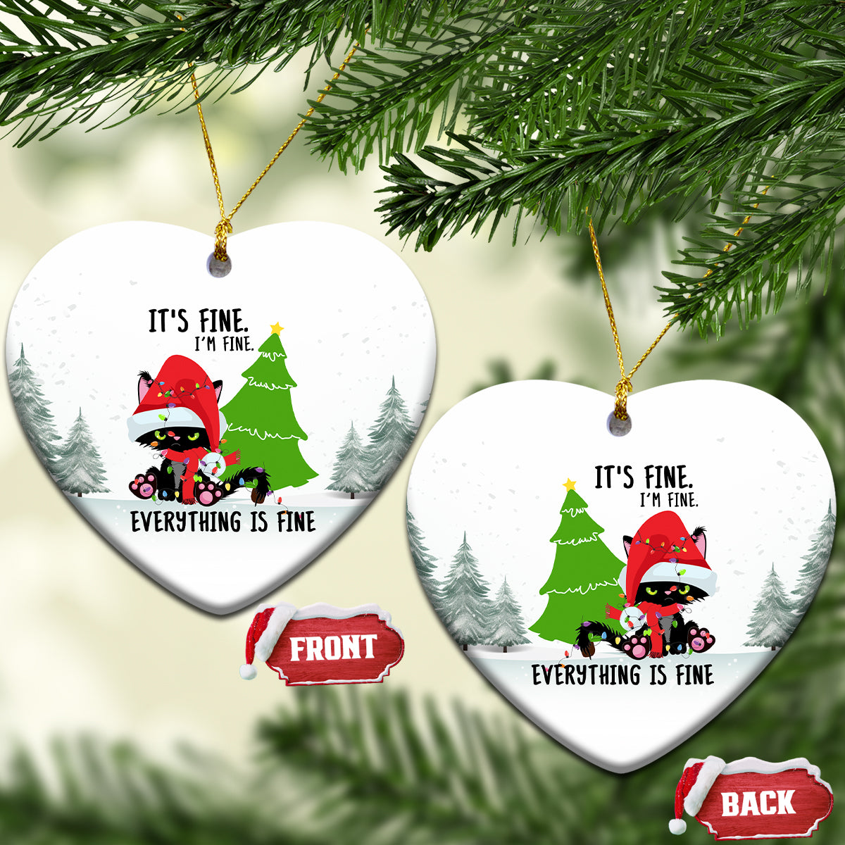 Heart-shaped ceramic cat Christmas ornament with red hat, pine trees, “Everything is fine”