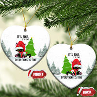 Heart-shaped ceramic cat Christmas ornament with red hat, pine trees, “Everything is fine”