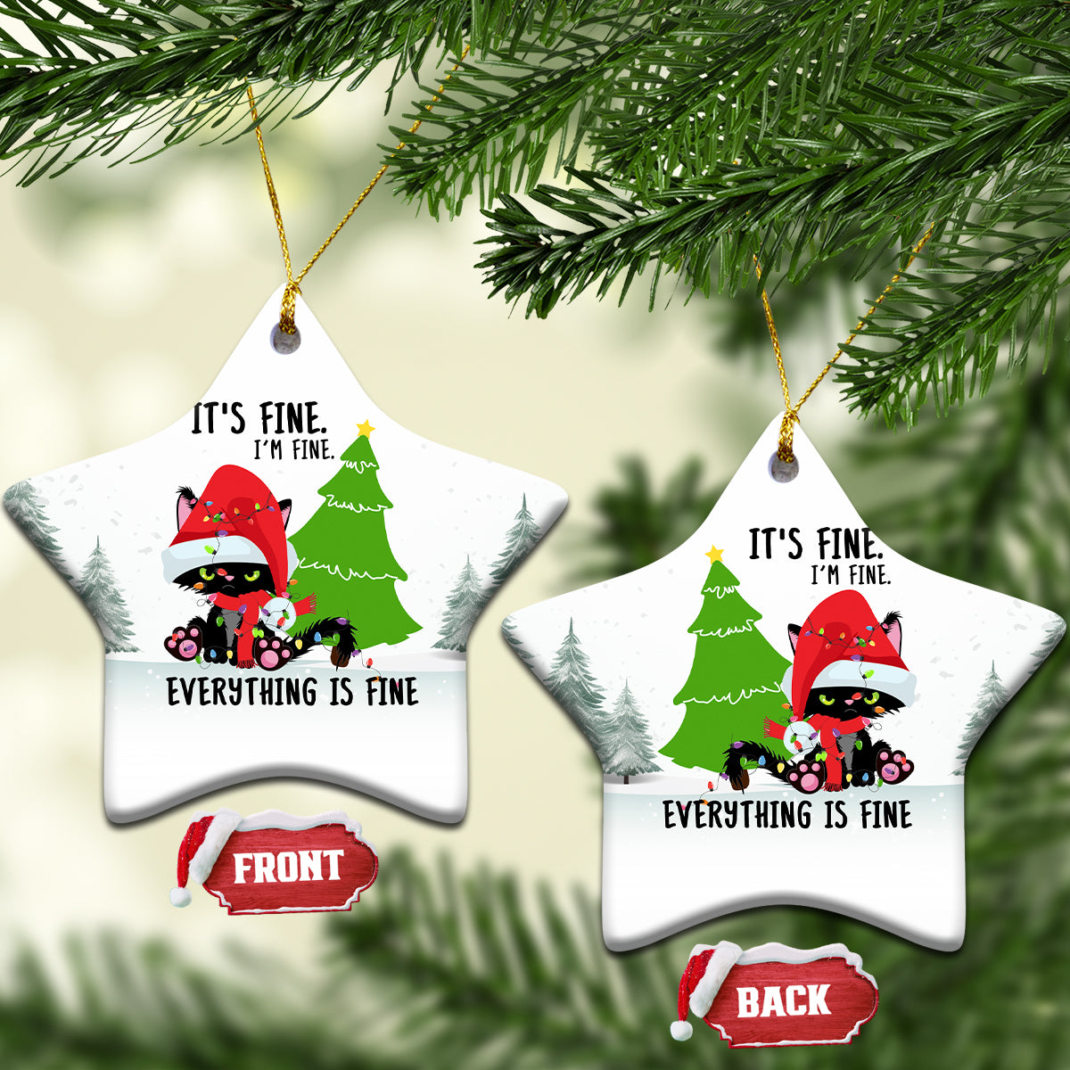 Star-shaped ceramic cat Christmas ornament with pine trees and “Everything is fine”
