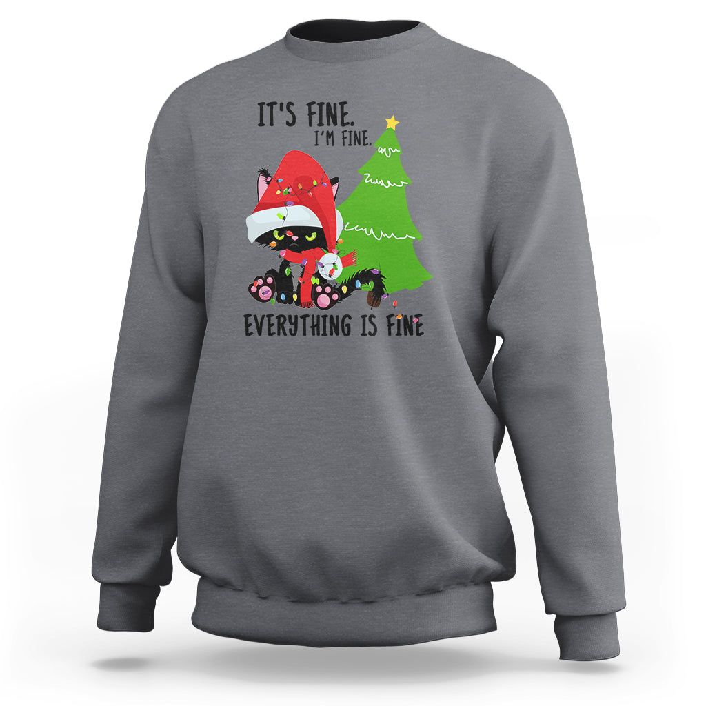 Charcoal Christmas sweatshirt with cat-and-tree graphic and “It’s fine… Everything is fine” text