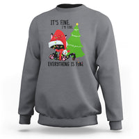 Charcoal Christmas sweatshirt with cat-and-tree graphic and “It’s fine… Everything is fine” text