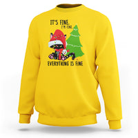 Daisy yellow Christmas sweatshirt with cat-and-tree graphic and “It’s fine… Everything is fine” text