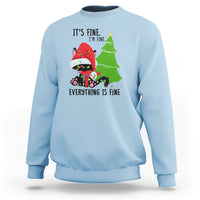 Light blue Christmas sweatshirt with cat-and-tree graphic and “It’s fine… Everything is fine” text