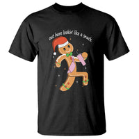 Black gingerbread man graphic T-shirt with text and ginger cookie character