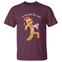 Maroon gingerbread man graphic T-shirt with text and ginger cookie character