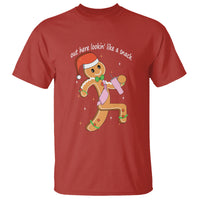 Red gingerbread man graphic T-shirt with text and ginger cookie character