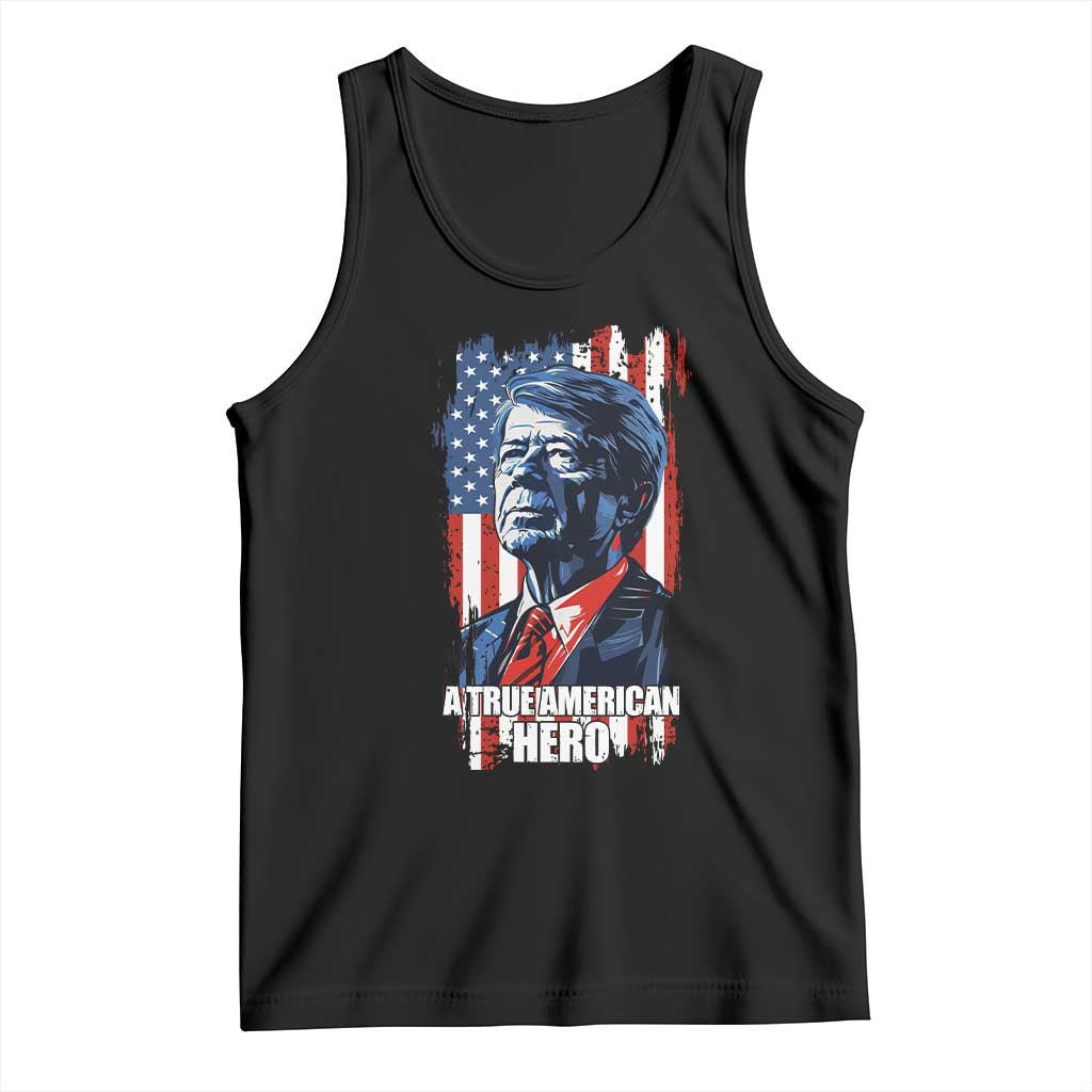 Black sleeveless tank top with Jimmy Carter portrait and U.S. flag graphic